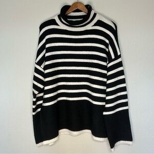 OAK + FORT Black and White Striped Turtleneck Sweater Size L